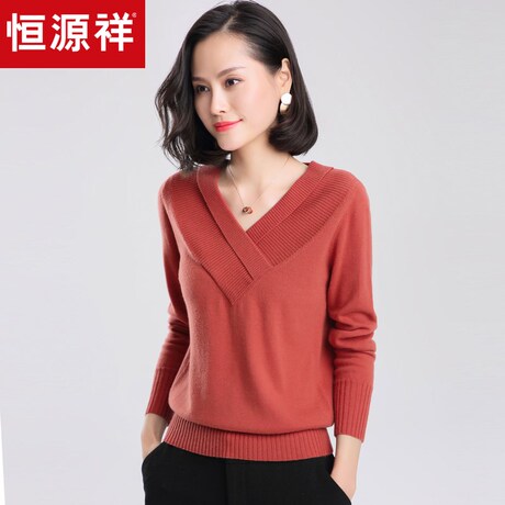 恒源祥纯羊毛衫女套头修身V领毛衣纯色长袖针织衫秋冬纯色打底衫商品大图
