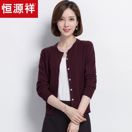 恒源祥羊绒衫女开衫秋冬纯羊绒外搭单排扣针织衫纯色圆领毛衣外套商品大图