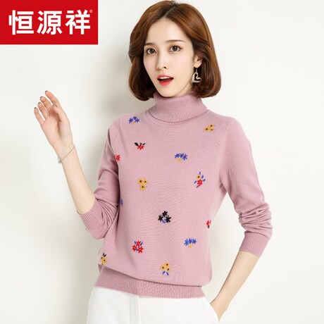 恒源祥纯羊毛毛衣女高领秋冬套头针织衫两翻领嵌花图案打底羊毛衫商品大图