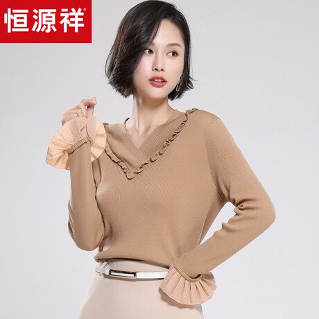 恒源祥气质V领套头羊毛衫直筒花边袖显瘦针织衫女秋冬修身打底衫商品大图