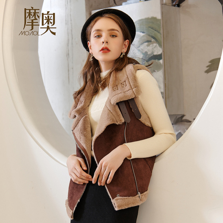 摩奥女装2018冬季新品大翻领韩版拉链简约皮毛一体马夹女商品大图
