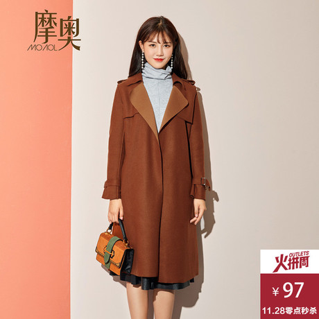MOAOL/摩奥女装新款毛呢外套女中长款韩版收腰呢料大衣商品大图