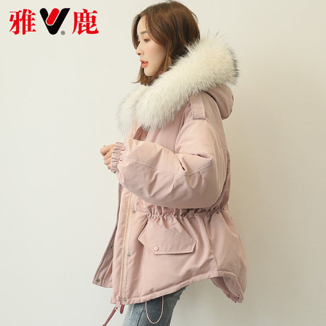 yaloo/雅鹿反季连帽羽绒服女韩版2018新款收腰大毛领显瘦上衣外套商品大图