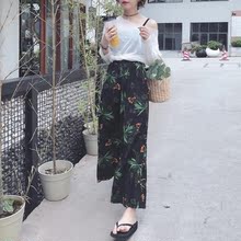 百搭套头白色透视防晒罩衫 女潮 复古港味chic叶子印花高腰阔腿裤