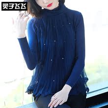灵子飞飞欧美时尚新品高领雪纺镶钻拼搭长袖针织衫甜美瘦身打底衫图片