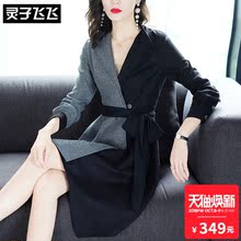 灵子飞飞欧美时尚新品V领拼色长袖系带收腰A字复古打底通勤连衣裙图片