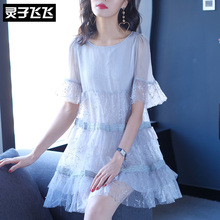 灵子飞飞欧美时尚新款圆领喇叭袖蕾丝少女公主裙网纱甜美连衣裙图片