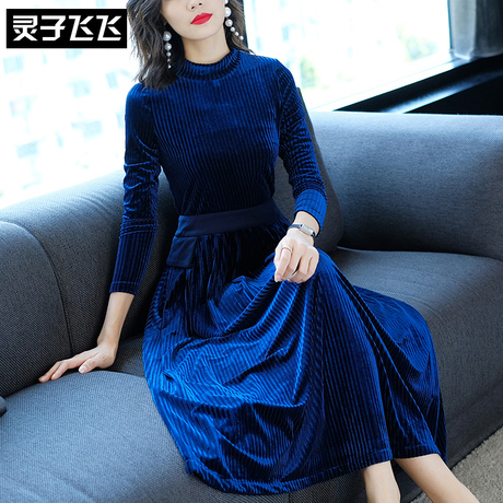 灵子飞飞欧美时尚新款立领长袖收腰大摆长款女裙甜美少女连衣裙商品大图