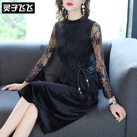 灵子飞飞欧美时尚新款圆领压花长袖蕾丝系带收腰通勤复古连衣裙商品大图
