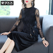 灵子飞飞欧美时尚新款圆领压花长袖蕾丝系带收腰通勤复古连衣裙图片