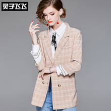 灵子飞飞欧美时尚新品西服长袖长款打底显瘦印花格纹小香风女外套图片