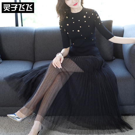 灵子飞飞欧美潮流新款圆领半袖针织衫松紧腰修身网纱女长裙两件套商品大图