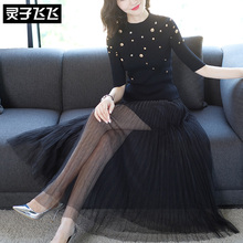 灵子飞飞欧美潮流新款圆领半袖针织衫松紧腰修身网纱女长裙两件套图片