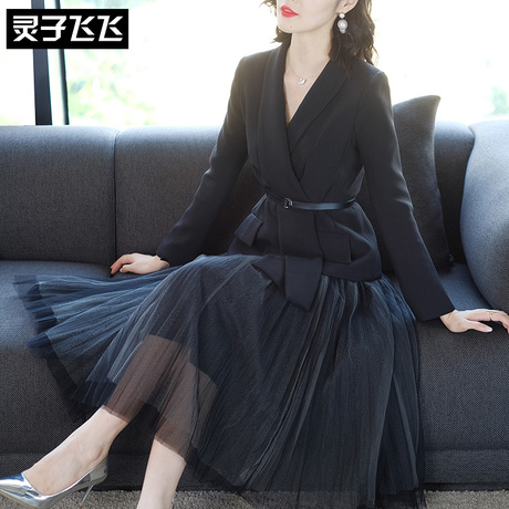 灵子飞飞时尚清新修身女西服收腰褶皱网纱大摆青春通勤减龄女套装商品大图