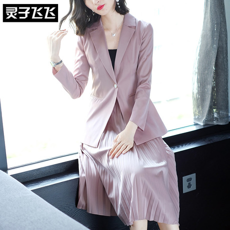 灵子飞飞欧美时尚新品纯色修身女西服松紧腰褶皱A字女长裙通勤装商品大图