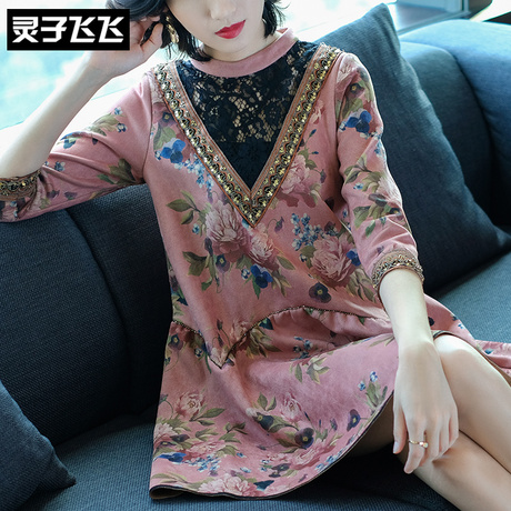 灵子飞飞欧美潮流新款宫廷风立领蕾丝拼搭绣花七分袖大码连衣裙商品大图