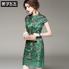 灵子飞飞2018女装新款改良旗袍夏季上新修身短袖名媛复古连衣裙潮图片