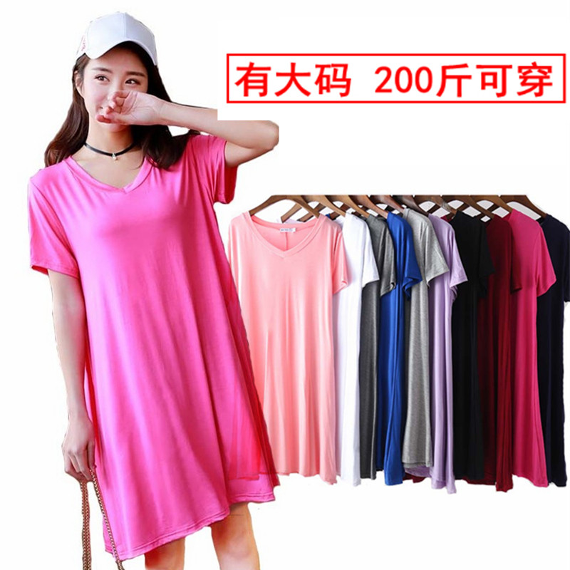 2018女夏莫代尔连衣裙短袖V领孕妇裙中长款大