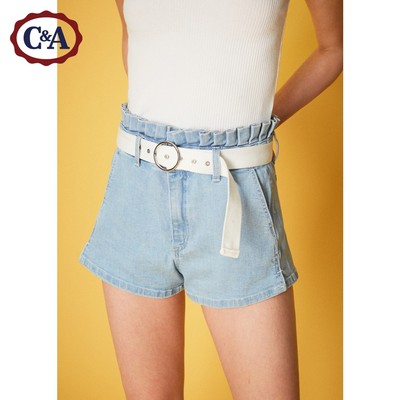 C&A帆布腰带饰花边高腰牛仔短裤女 2018夏季新品CA200207503-BL