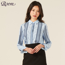 Roem2019春季新款女士时尚气质条纹衬衫波点图案休闲淑女上衣