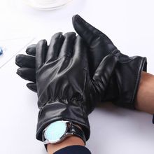 皮质内里加绒保暖手套褶皱松紧设计骑车防风防寒连指手套 秋冬男士