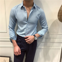 小清新日常休闲衬衣发型师潮男 条纹刺绣衬衫 男士 鹿三先生自制修身
