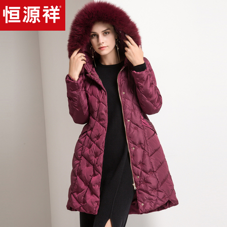 恒源祥大毛领羽绒服女中长款2018冬装保暖外套白鸭绒收腰羽绒大衣商品大图