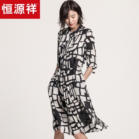 恒源祥真丝连衣裙女夏中袖系带印花中长款收腰100%桑蚕丝气质裙子商品大图