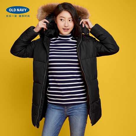 Old Navy女装连帽加厚加绒棉服中长款285240W 仿毛领外套大衣女商品大图