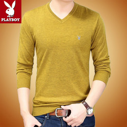 花花公子长袖T恤男V领春秋季男装上衣纯色羊毛针织打底衫潮流小衫
