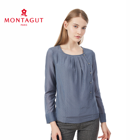 Montagut/梦特娇衬衫 成熟女性大圆领长袖T恤 优雅皱折纹女装商品大图