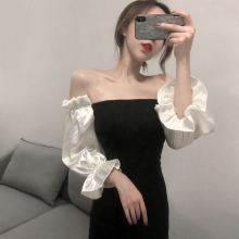 名媛连衣裙礼服裙 修身 复古优雅淑女气质性感漏肩一字领泡泡袖 夏装