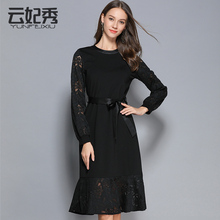 微胖女连衣裙洋气秋冬新款2018大码女装胖mm洋气遮肚蕾丝鱼尾裙潮图片