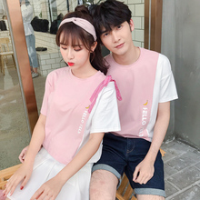 夏装 潮撞色短袖 T恤韩版 2019新款 qlz情侣装 学生女显瘦上衣男班服潮