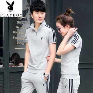 花花公子夏季休闲运动套装男t恤翻领短袖长裤情侣运动服女两件套