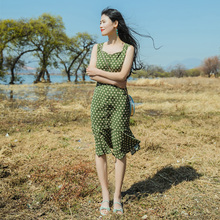 上花开原创欧美复古文艺波点连衣裙女夏长裙修身 显瘦鱼尾吊带裙