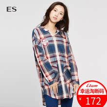 艾格 ES 2018秋款连帽印花中长款长袖格子单排多扣衬衫上衣女K707图片