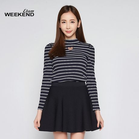 艾格Weekend2018新款个性条纹镂空长袖针织上衣女M120商品大图