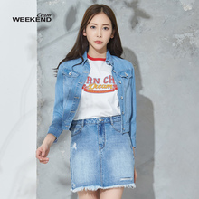艾格Weekend2018夏新款纯色翻领九分袖短款牛仔外套女M207图片