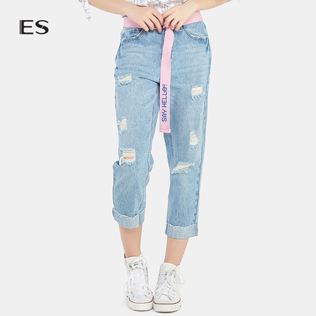 艾格ES时尚简约直筒破洞牛仔七分裤女M193商品大图