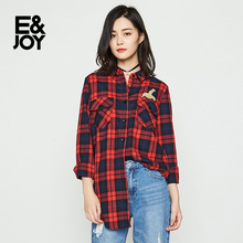 艾格E＆joy复古格子中长款长袖翻领衬衫M225图片
