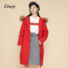 艾格Etam2018冬季简约纯色廓形宽松毛领连帽中长款羽绒服女M012图片