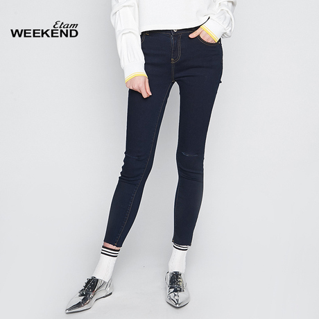 艾格Weekend2018新款纯色帅气紧身小脚牛仔长裤女M208商品大图