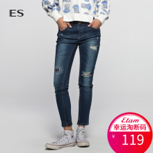 Etam艾格ES2018春季时尚女款修身百搭经典磨白破洞补丁牛仔裤S031图片