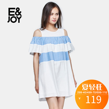艾格 E＆joy 夏季时尚宽松露肩荷叶边条纹连衣裙S420图片