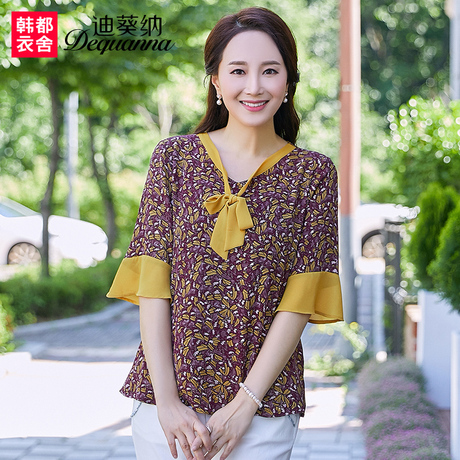 迪葵纳中老年女装夏装新款中年妈妈装女上衣五分袖T恤WQ7926沣商品大图