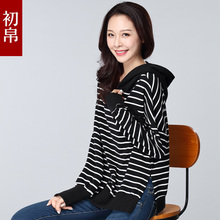 加肥加大胖mm秋装大码女装韩版潮黑白条纹T恤女宽松卫衣女连帽衫图片
