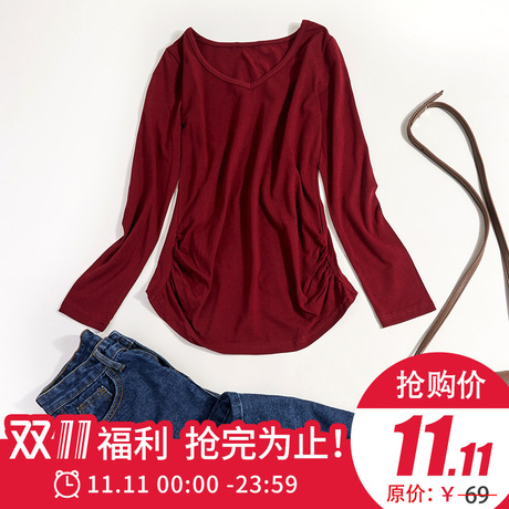 歆觅纯色棉韩版大码女装修身短款v领长袖女士t恤黑色打底衫女长袖商品大图