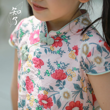 连衣裙K4166 女童中国风中式斜襟盘扣印花旗袍短袖 夏新品 知了童装