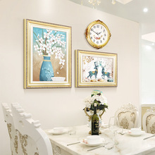 饰饭厅欧式壁画三件套创意个性 饰画挂钟餐厅墙面装 餐桌装 歺厅挂画